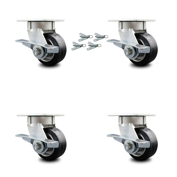 4 Inch Kingpinless Rubber on Aluminum Wheel Caster Set Brake and Swivel Lock SCC